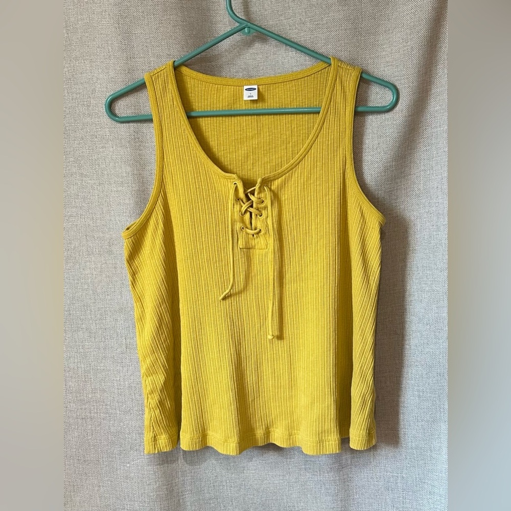 Old Navy•ribbed lace-up tank top•women’s large•cotton blend•mustard yellow